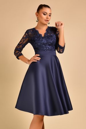 Rochie midi bleumarin cu dantela la bust Rn 2519
