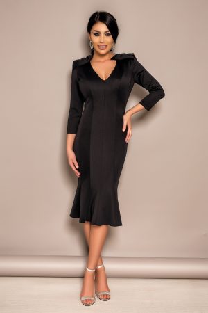 Rochie midi neagra cu accesoriu la umeri Rn 2150