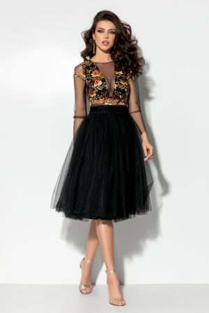Rochie midi tul negru cu bust din dantela Rn 2187
