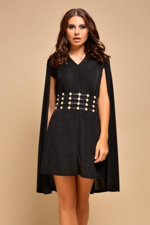 Rochie scurta neagra cu pelerina si centura cu perle Rn 2536