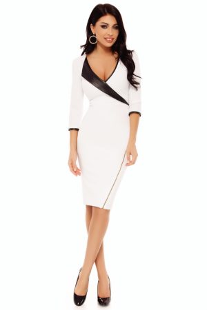 Rochie trei sferturi alba cu piele ecologica neagra Rn 2040