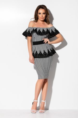 Rochie trei sferturi cu dungi si broderie neagra Rn 2269