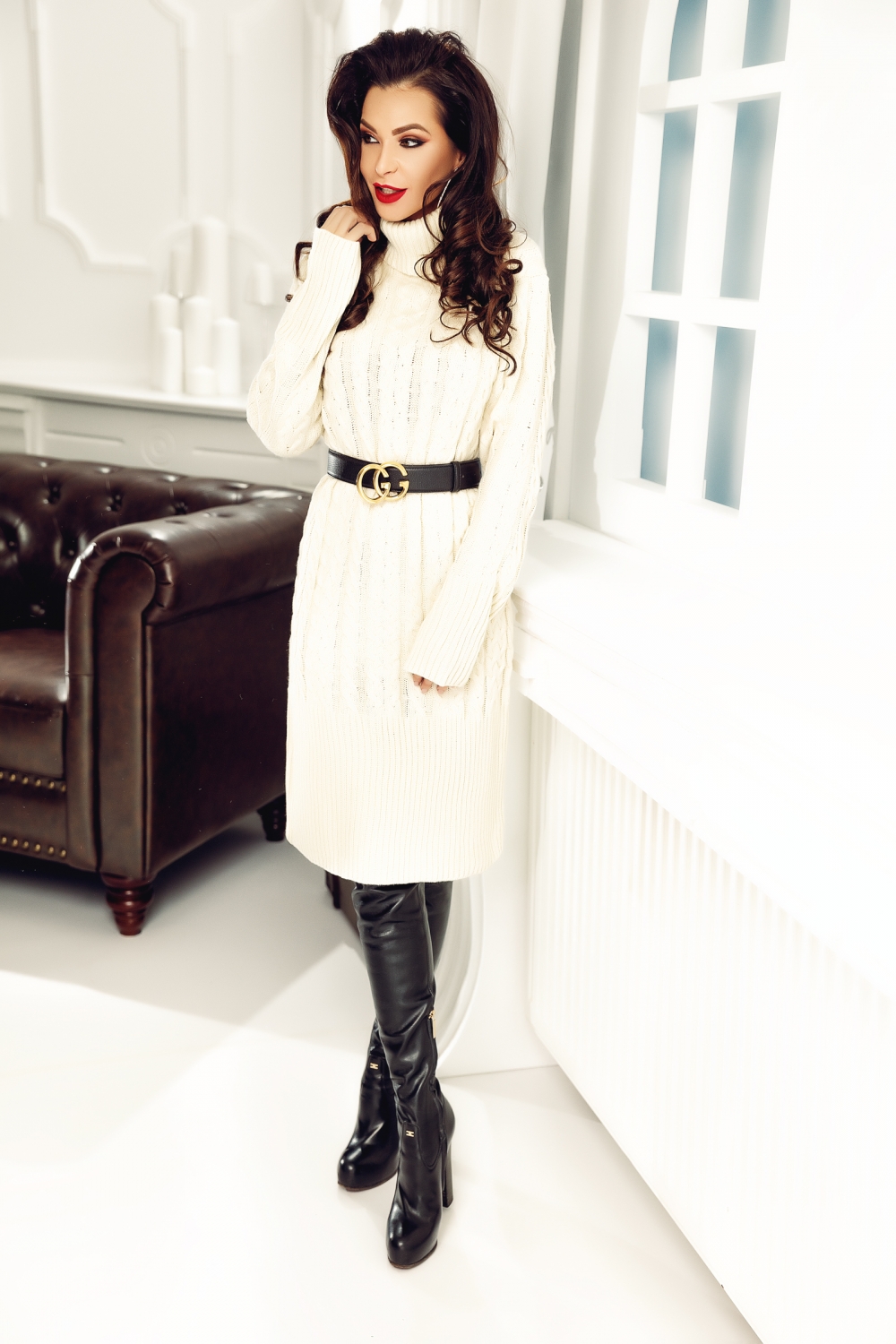 Rochie tricotata cu torsade ivoire C 5326i